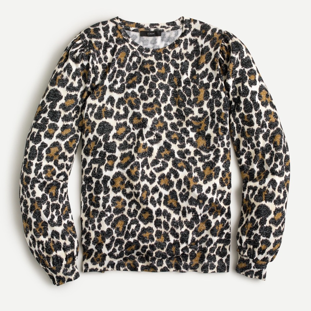J. Crew NWT❗️Animal Print Supercozy puff-sleeve pullover in leopard Cream
